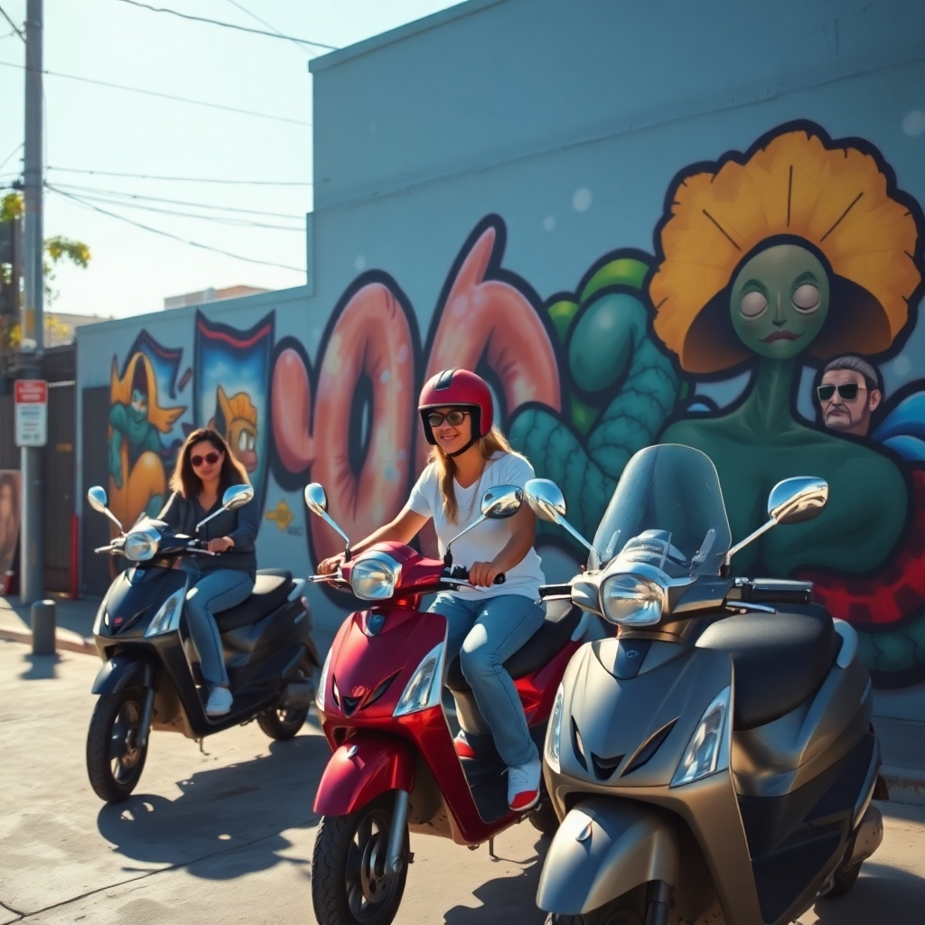 A photorealistic image capturing a group of scooter riders stopped in front of a local mural or piece of street art in Dallas. The lighting should be natural and well-lit. Camera angle: medium shot, capturing the riders and the artwork. Color Palette: A mix of natural tones and vibrant accents from the artwork.
