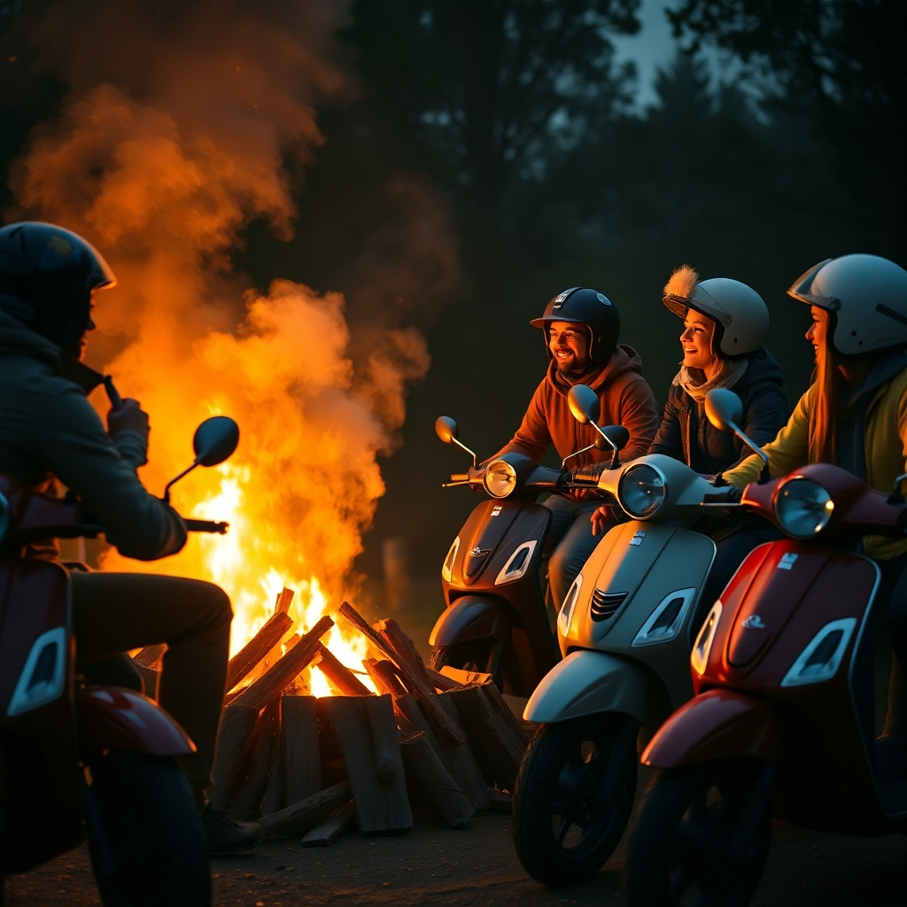 A photorealistic image of a group of scooter riders gathered around a bonfire, sharing stories and laughter. The lighting should be warm and inviting, creating a sense of intimacy. Camera angle: medium shot, capturing the interaction between the riders. Color Palette: Warm oranges, yellows, and browns.