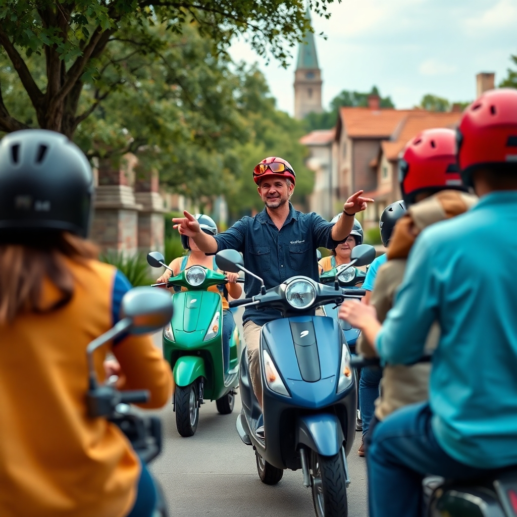 A photorealistic image of a tour guide leading a group of scooter riders through a scenic part of North Dallas. The tour guide should be pointing out interesting landmarks or historical sites. The lighting should be natural and well-lit. Camera angle: medium shot, capturing the tour guide and the riders. Color Palette: A mix of greens, blues, and earthy tones.