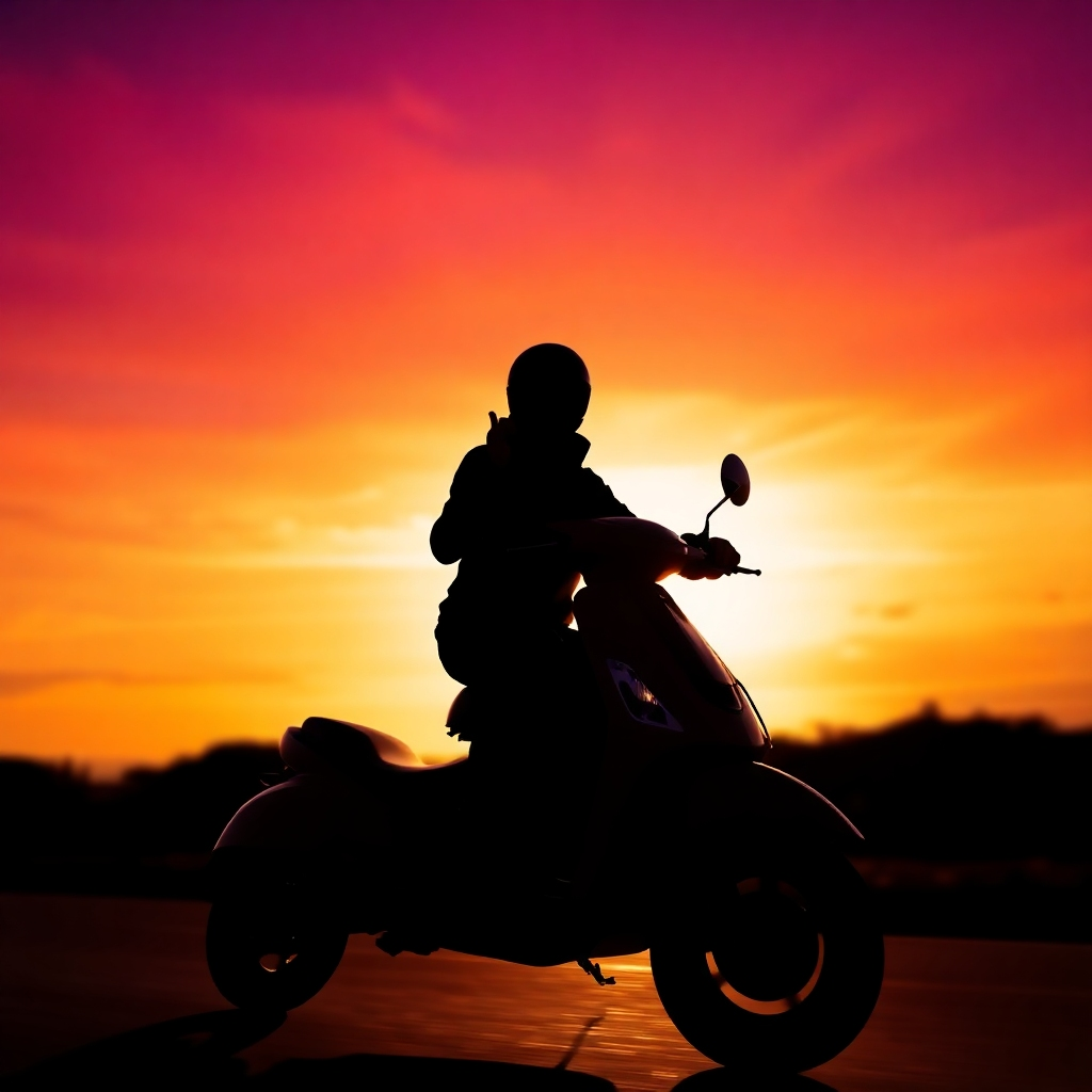 A stylized image of a single scooter rider silhouetted against a vibrant sunset. The rider should be striking a pose of freedom and exhilaration. The background should be blurred, emphasizing the sense of movement. Camera angle: low angle, emphasizing the silhouette. Color Palette: Warm oranges, reds, and purples.