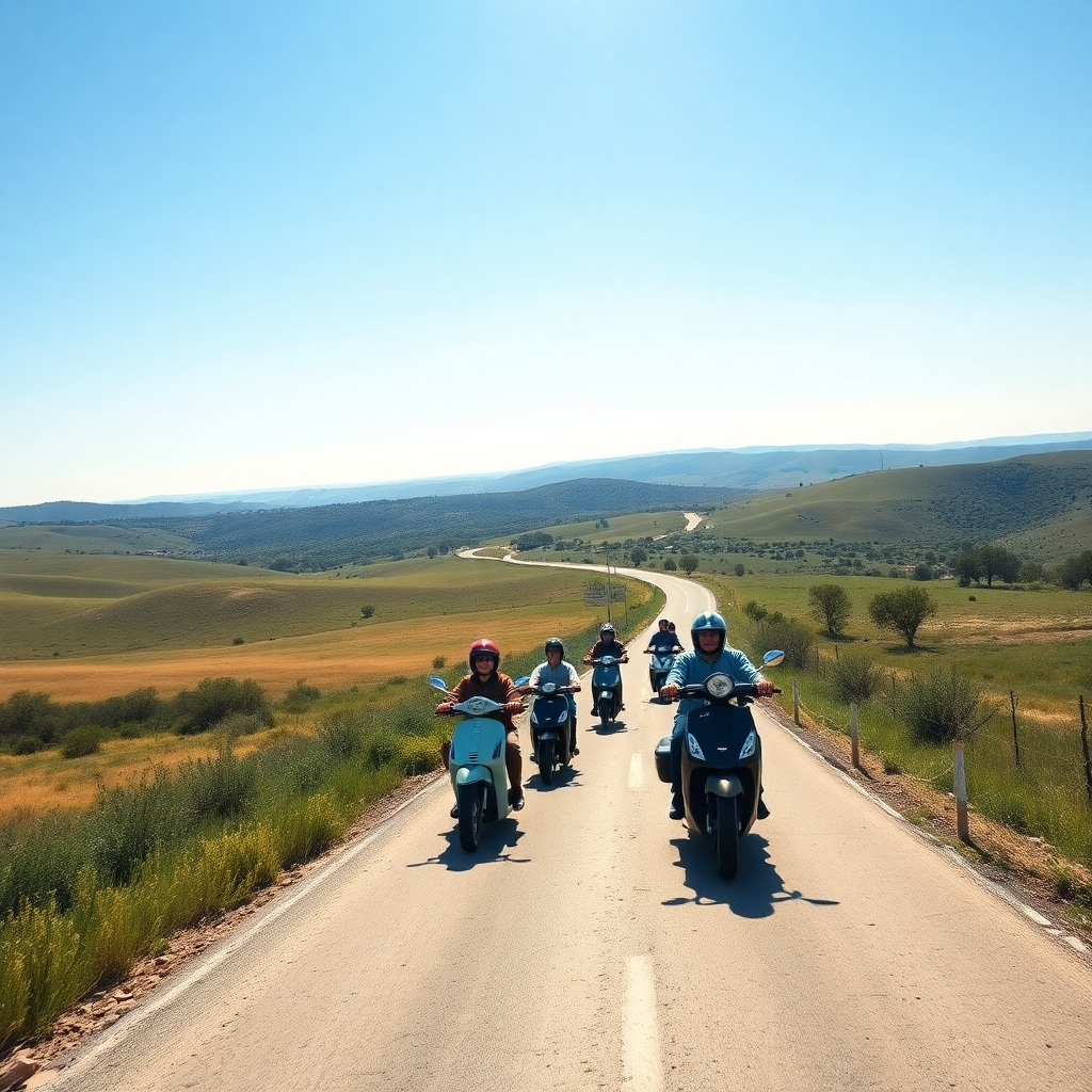  A wide-angle shot of a group of scooter riders on a long, winding road through the Texas countryside. The landscape should be rolling hills and open skies. The lighting should be bright and sunny, emphasizing the sense of freedom and adventure. Camera angle: elevated, capturing the vastness of the landscape. Color Palette: Greens, blues, and earthy tones.