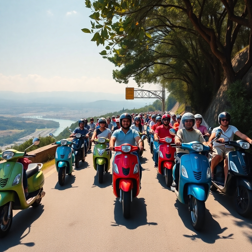 A wide-angle shot of a large group of scooter riders riding in formation along a scenic road. The scooters should be a mix of different styles and colors. The lighting should be bright and sunny. Camera angle: elevated, capturing the entire group and the surrounding landscape. Color Palette: A wide range of vibrant colors.