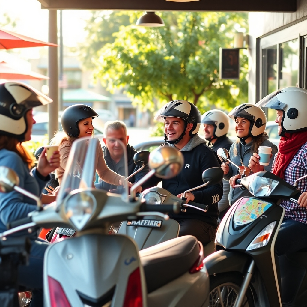 Create a heartwarming and inviting image representing the 'North Dallas Scooter Meetup'. The scene should depict a group of scooter riders gathered at a popular local cafe in North Dallas. Some are chatting and laughing, others are admiring each other's scooters. A sense of camaraderie and shared passion should be evident. The lighting should be natural and inviting, perhaps a sunny morning or a warm afternoon. Color palette: bright and cheerful, with a mix of natural tones and vibrant accents. Camera angle: eye-level, capturing the interaction between the riders. Texture details: focus on the details of the scooters, the texture of the cafe's outdoor seating, and the riders' clothing. Relevant props: scooters, helmets, coffee cups, maps. Style reference: lifestyle photography, emphasizing authenticity and connection. Technical specs: 4K resolution, high quality.