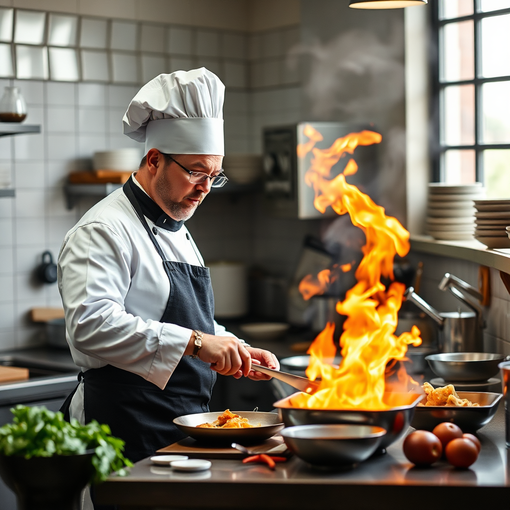 A chef carefully preparing a meal, paying close attention to ingredients and presentation. The chef should be focused and skilled, representing the commitment to quality and attention to detail. Soft, natural light to create a warm and inviting atmosphere. Technical specs: 4K resolution, photorealistic, shallow depth of field.