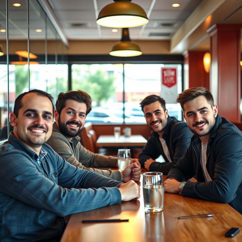 A stylized image depicting a group of diverse gay men raising wine glasses in a toast. The setting is a modern, chic restaurant with a warm and inviting ambiance. The image should focus on the hands and glasses, creating a sense of celebration and camaraderie. Use a soft, golden color palette to evoke feelings of warmth and friendship. Include subtle background details that hint at culinary excellence and sophisticated taste. Style: Modern illustration with a touch of realism. Technical specs: 4K resolution, high quality, emphasis on texture and lighting.