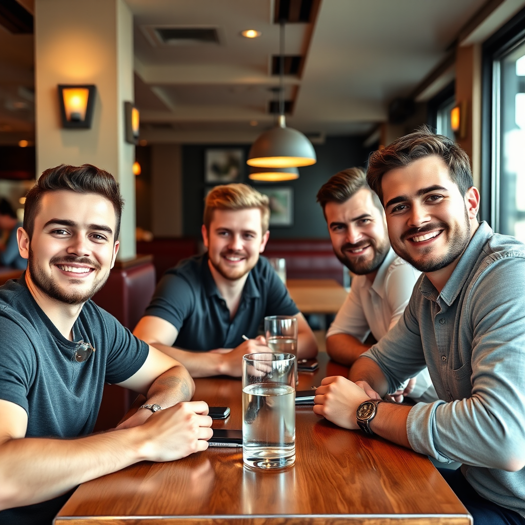 A photorealistic, ultra-high quality image depicting a warmly lit dinner party. A diverse group of gay men are seated around a beautifully set table, laughing and engaged in lively conversation. The table is laden with gourmet dishes, fine wines, and elegant tableware. Soft, golden light emanates from overhead chandeliers and candles, creating an intimate and inviting atmosphere. The background features a stylish, modern dining room with tasteful artwork and lush greenery. Capture the joy of connection, the pleasure of fine dining, and the warmth of community. Style: Inspired by the elegant photography of Architectural Digest. Technical specs: 8K resolution, hyperrealistic detail, shallow depth of field.