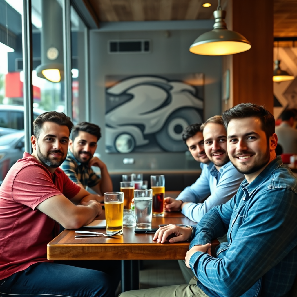 A group of gay men enjoying drinks before dinner in a stylish lounge area. The atmosphere is relaxed and sophisticated, with comfortable seating and tasteful décor. Soft, warm lighting to create a cozy ambiance. Technical specs: 4K resolution, photorealistic, shallow depth of field.