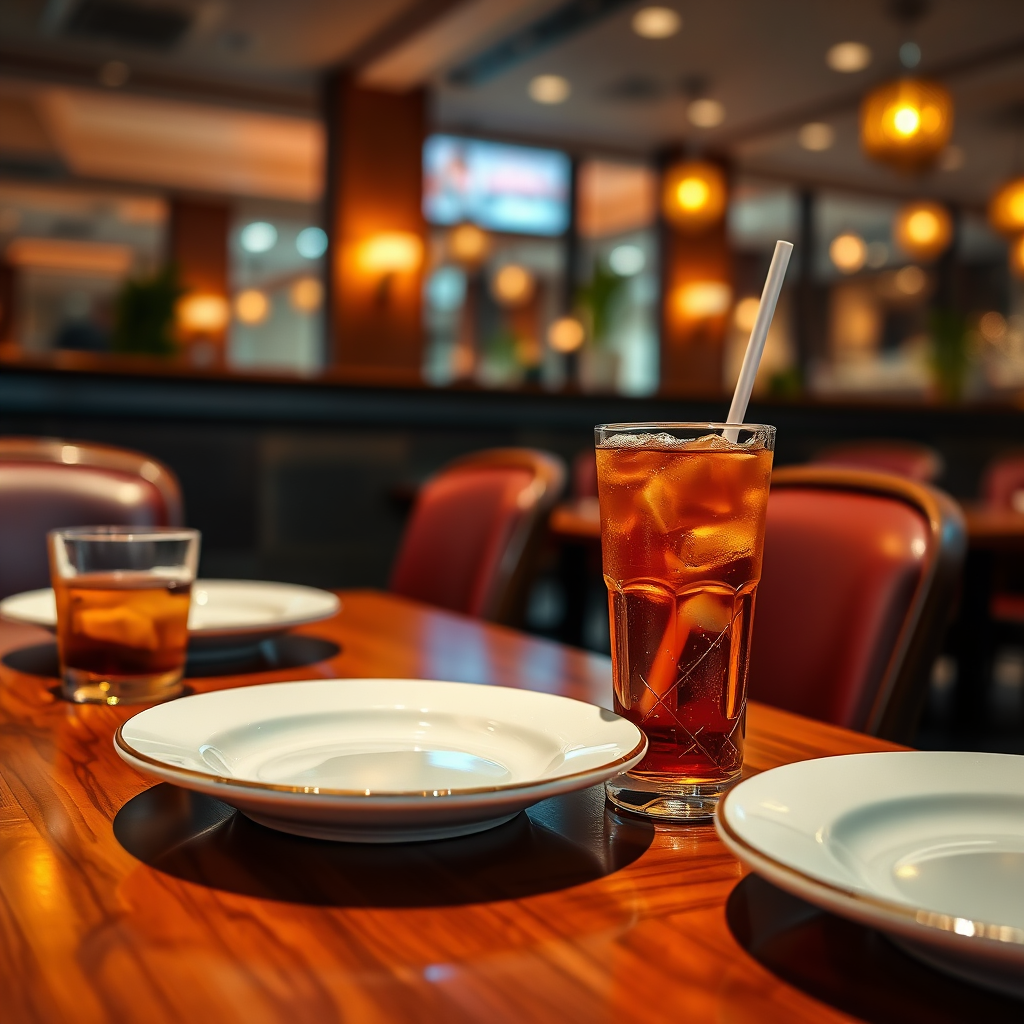 A beautifully set dinner table in a high-end restaurant, showcasing elegant tableware, gourmet dishes, and soft lighting. Focus on the ambiance and attention to detail. Style: Architectural Digest, photorealistic, 4k resolution.