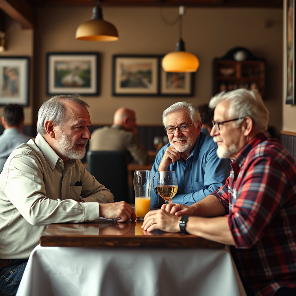 A group of diverse gay men laughing and conversing around a dinner table, with genuine smiles and engaged expressions. Capture the warmth and joy of connection. Photorealistic, 4k resolution.
