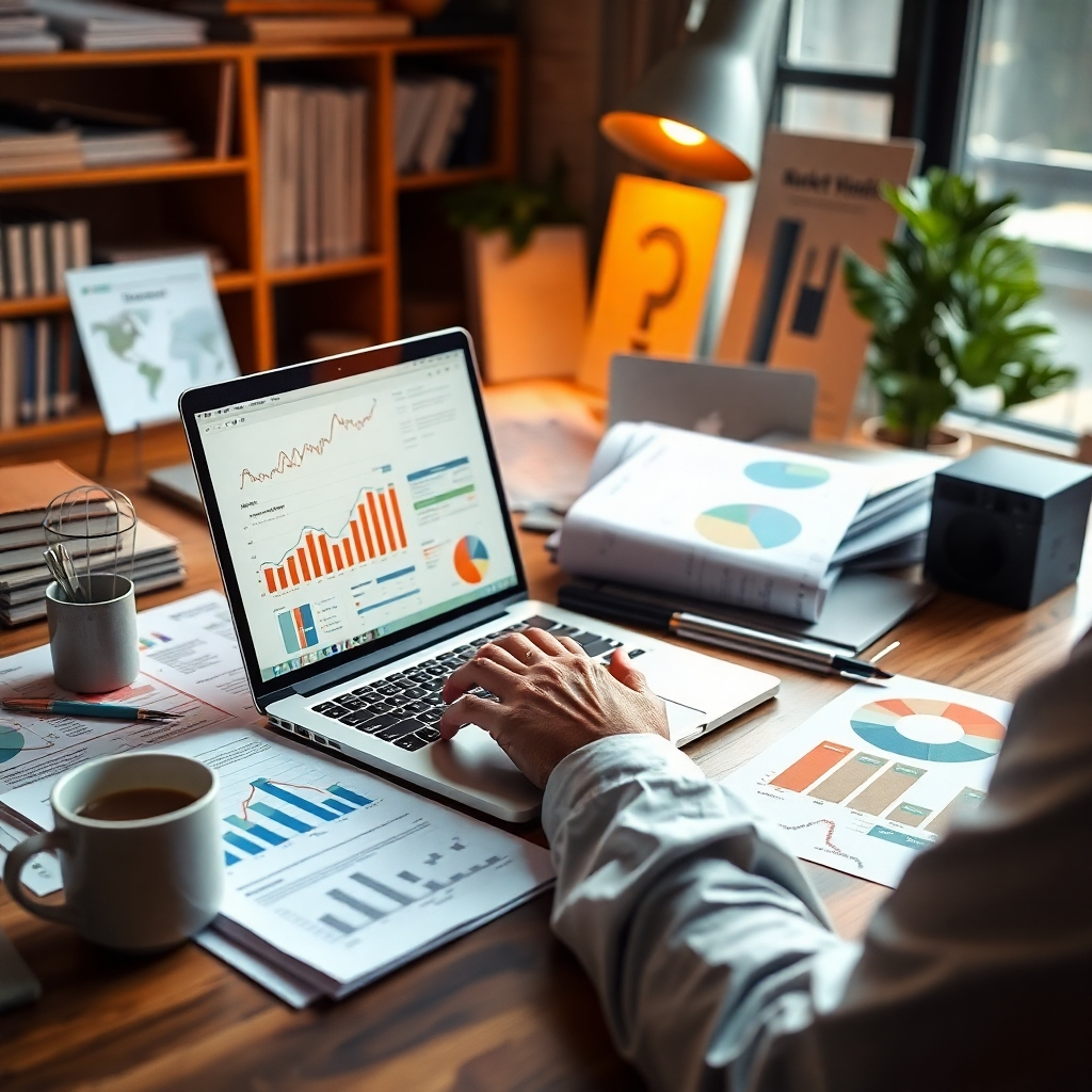 A captivating image of market research in action, showing a researcher analyzing data. The composition includes a laptop displaying complex graphs, surrounded by printed reports and a cup of coffee. The lighting is warm and inviting, suggesting an office filled with focus and dedication. The overall color palette mixes earthy tones with bright accents, highlighting the analytical process. Style references can include an academic or journalistic approach. The goal is to achieve a hyperrealistic image in 8K resolution that evokes the importance of research.