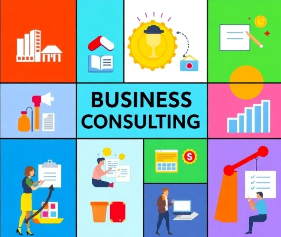 A montage showcasing different aspects of business consulting, including finance, marketing, and operations. The environment is vibrant and colorful, with each section representing different business domains clearly. The lighting is balanced, ensuring all elements are visible. The style is clean and modern, encouraging a comprehensive view of transformation.