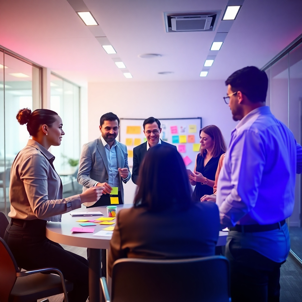 A photorealistic image depicting a team reaching consensus around a brainstorming session with colorful sticky notes and charts. The ambient light brings out vibrant colors in the room, emphasizing creativity and collaboration. The environment is a sleek office space, and the camera angle captures the dynamic group interaction.