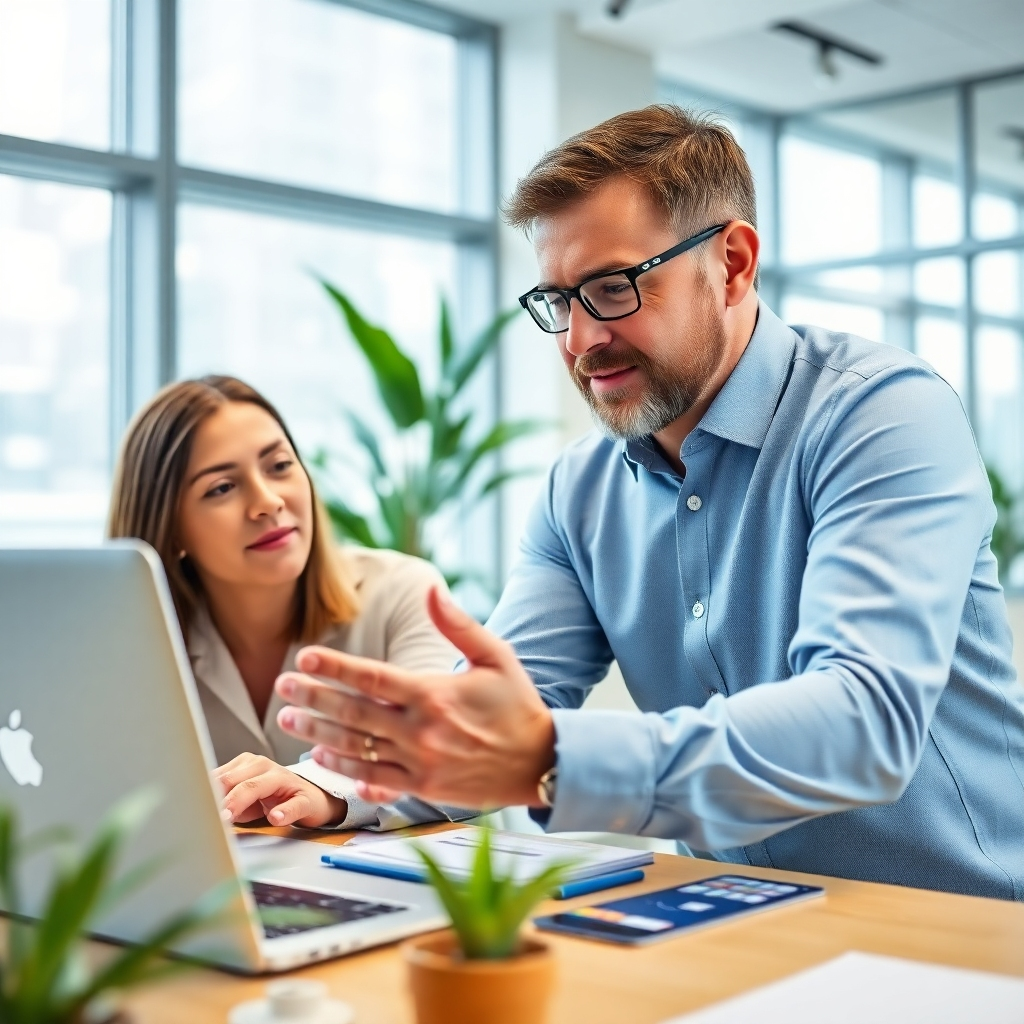 A photorealistic image of a business consultant discussing strategies with a client over a laptop. The environment is a bright, modern office with large windows and plants. The lighting enhances the professional yet warm atmosphere, with a focus on the interaction. The color palette includes soft blues and whites, creating a clean look. The camera angle shows both the consultant’s and client’s expressions, showcasing engagement and collaboration.
