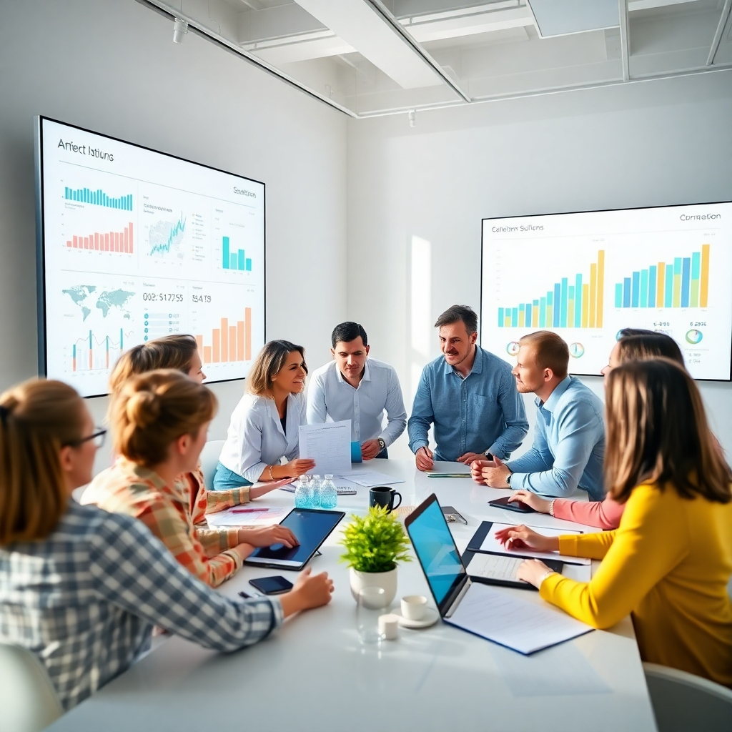 A photorealistic image of a team analyzing charts and discussing solutions in a bright conference room. The scene has a modern feel with large screens displaying analytics. The lighting is natural, creating a positive atmosphere. The colors are bright and fresh, symbolizing clarity and insight. The camera angle focuses on the engaged discussions around the table.