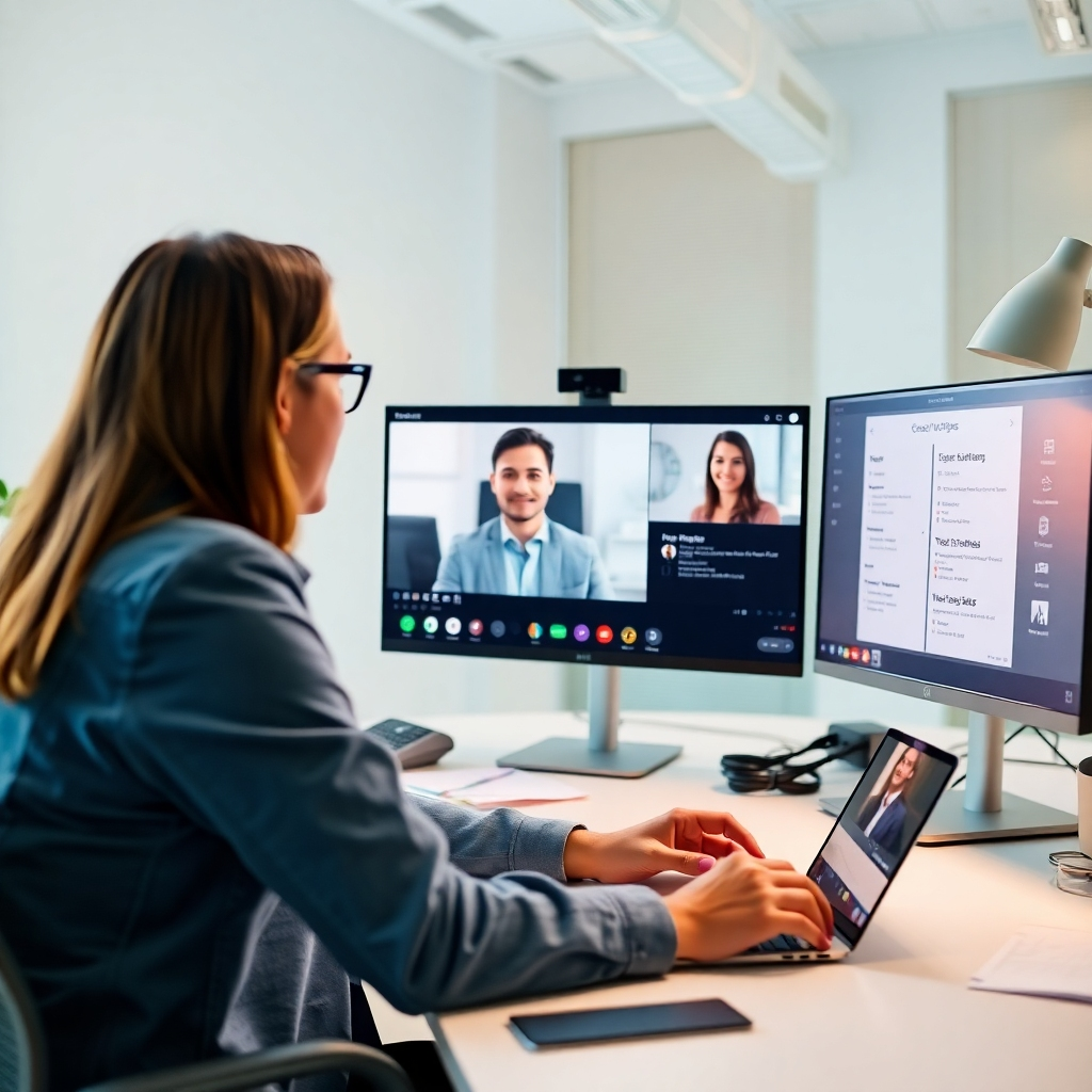 A scene of a consultant checking in with a client via a video call. The office setup includes a desk with notes and monitors displaying updates. The lighting is bright and inviting, creating a sense of accessibility. The color palette is soft with pastel hues, emphasizing communication and trust. The camera captures the warmth of the interaction.