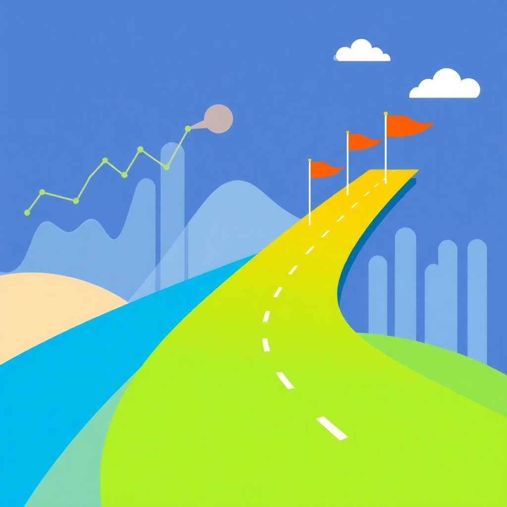 A stylized illustration of a roadmap with milestones and flags that represents a strategic planning journey. The composition uses bright colors like blue, green, and orange to signify clarity and success. The environment includes visual references to charts and data points in the background, symbolizing analytics-driven decisions. The style is flat design with clean lines and clear focus on the roadmap.
