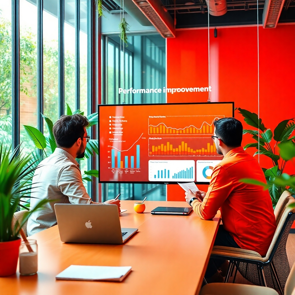 An energetic image representing performance improvement strategies, featuring a team meeting in a vibrant workspace. The foreground shows a team member presenting data on a large screen while others listen actively, taking notes. Bright, energetic colors like oranges and reds symbolize motivation and progress. The setting is modern, with glass walls and greenery around, enhancing the open and collaborative feel. Textures of electronics and furnishings are crisp and detailed, aiming for 8K resolution. Style references focus on dynamic workplace environments.