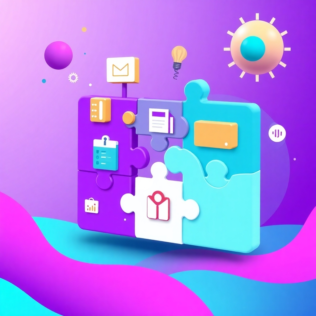 An illustration depicting a puzzle with various business icons fitting together, symbolizing customized solutions. The environment includes vibrant colors like purple and teal, creating a dynamic look. The style is modern with a smooth finish, enhancing the concept of tailored approaches. The camera is positioned to show the puzzle pieces aligning together.