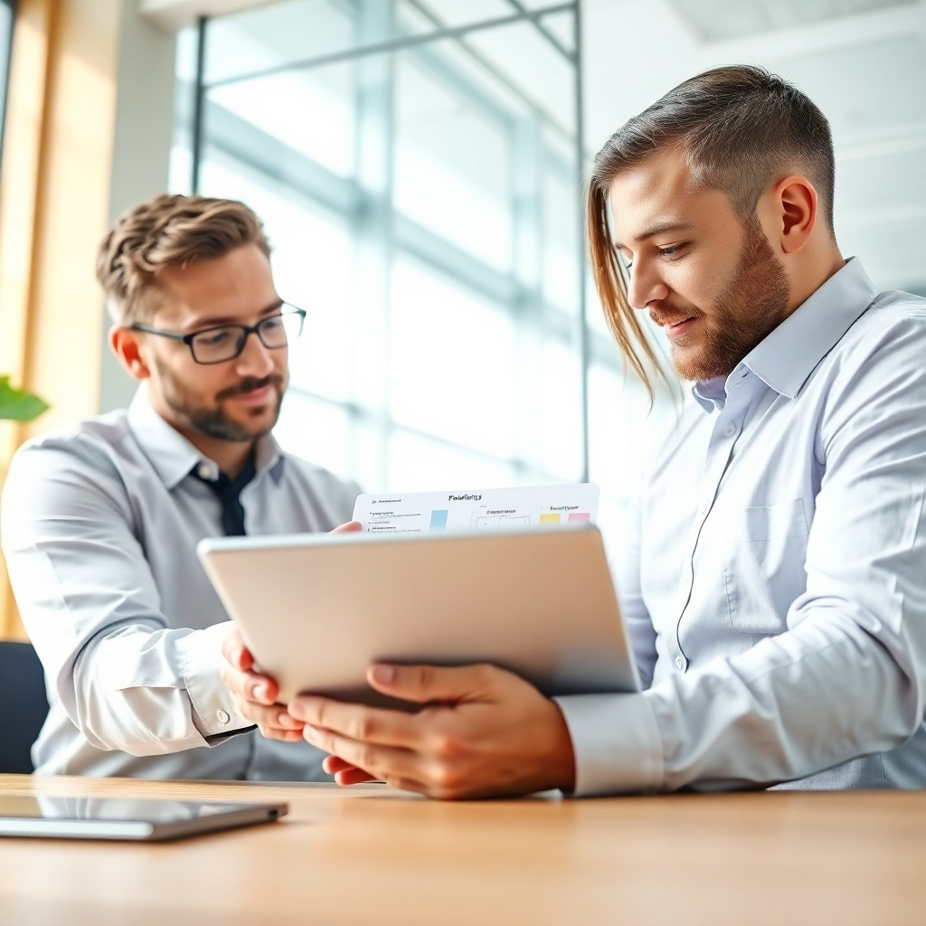 An image of a consultant reviewing operational workflows with a client on a digital tablet. The setting is a modern office with bright, natural light. The colors are sharp and fresh, symbolizing innovative solutions. The camera angle emphasizes both the tablet and the teamwork involved.