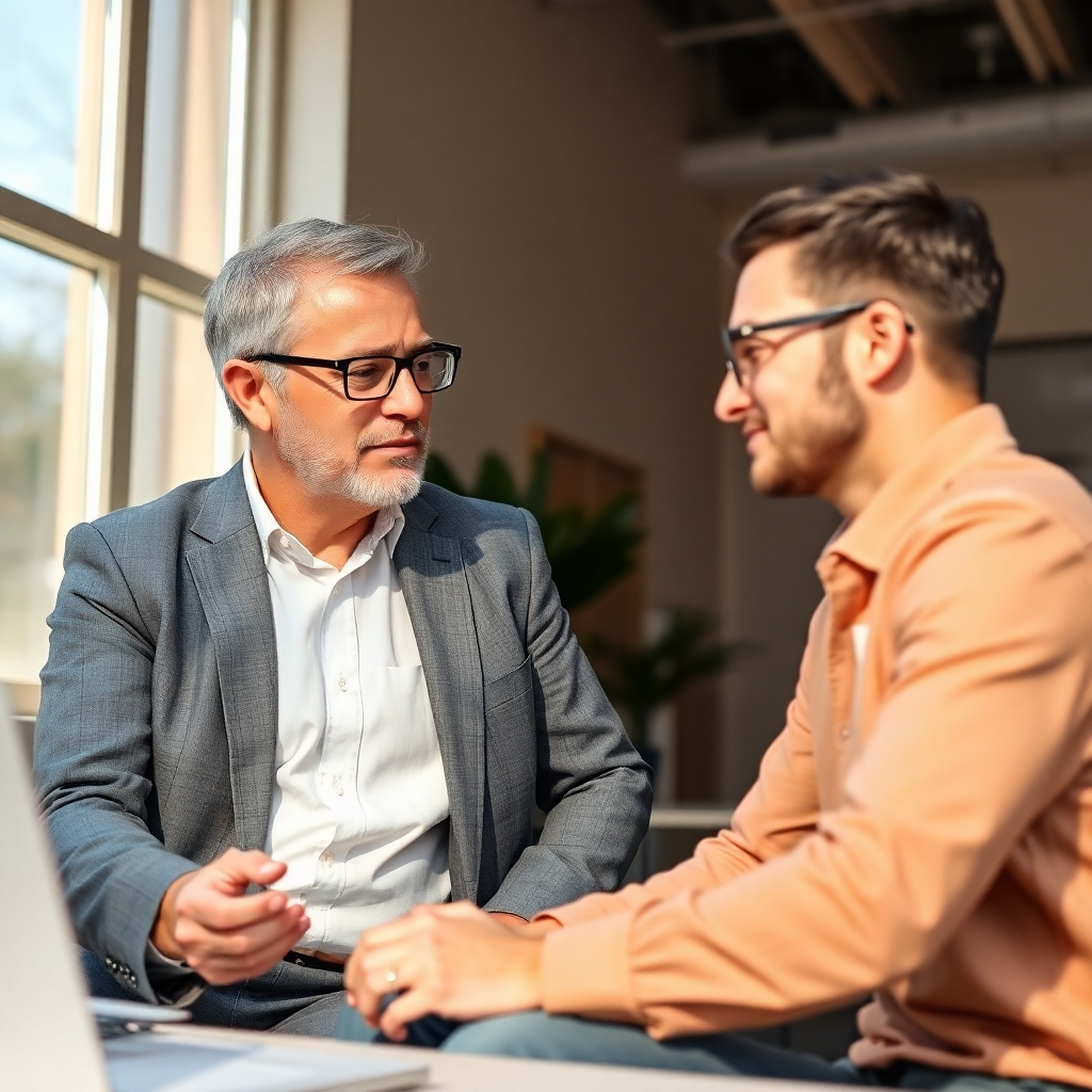 An image of a seasoned consultant mentoring a young entrepreneur in an office setting. Natural light shines through large windows, promoting a sense of openness. The color palette includes warm tones, symbolizing experience and guidance. The camera angle captures both individuals, highlighting the mentoring relationship.