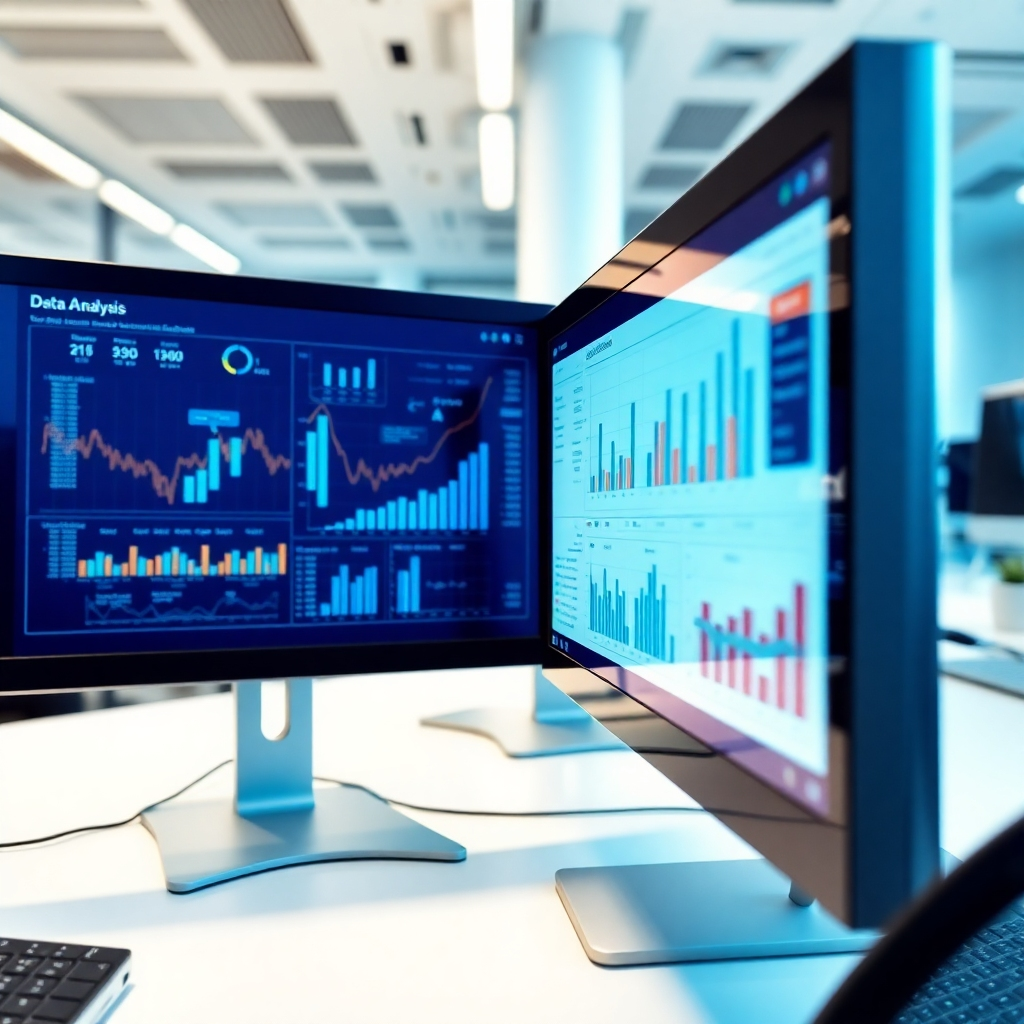 An image showcasing data visualization with charts and graphs on computer screens. The setting is a modern office with contemporary design elements. Lighting is crisp and bright, highlighting the importance of data analysis. The color scheme is composed of cool tones, emphasizing technology and innovation. The camera angle captures the details of the screens while including a glimpse of the professional environment.