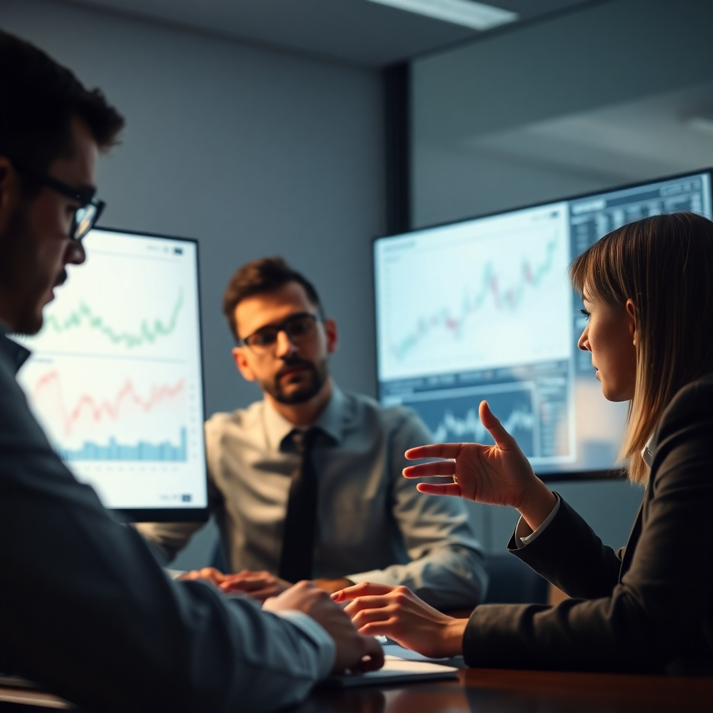 An image showing analysts reviewing market data on complex graphs and discussing insights. The atmosphere is focused, with soft office lighting creating an intense work environment. The color palette reflects professionalism with muted tones. The camera captures close-ups of the analysts’ concentration on the task.