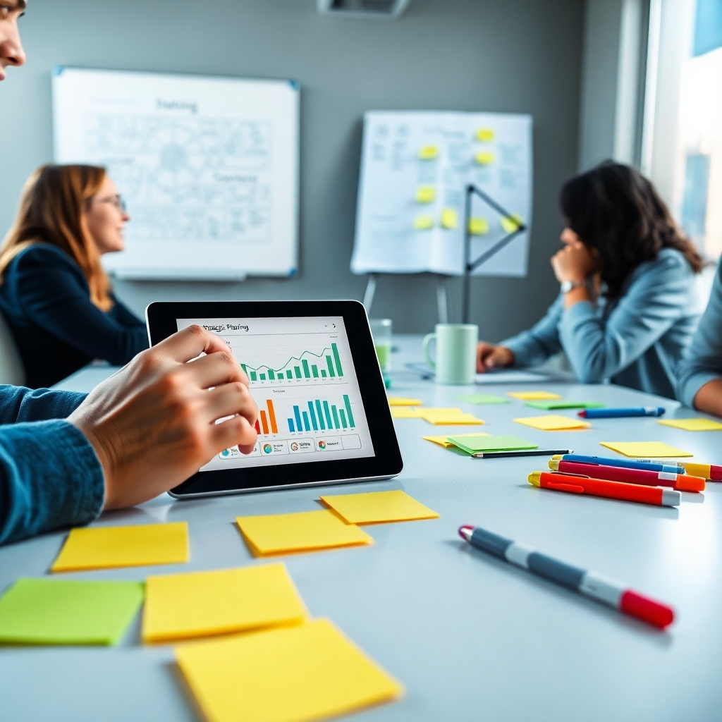 An informative and engaging image depicting a strategic planning session. The scene features a close-up of hands on a digital tablet displaying charts and graphs, with post-it notes and markers scattered around a modern conference room table. The atmosphere is collaborative and creative, bathed in bright, natural light. The layout is casual yet professional, with a whiteboard in the background filled with brainstorming notes. Lively colors such as greens and yellows emphasize innovation. The technical resolution should be detailed and clear to convey the importance of strategic work.
