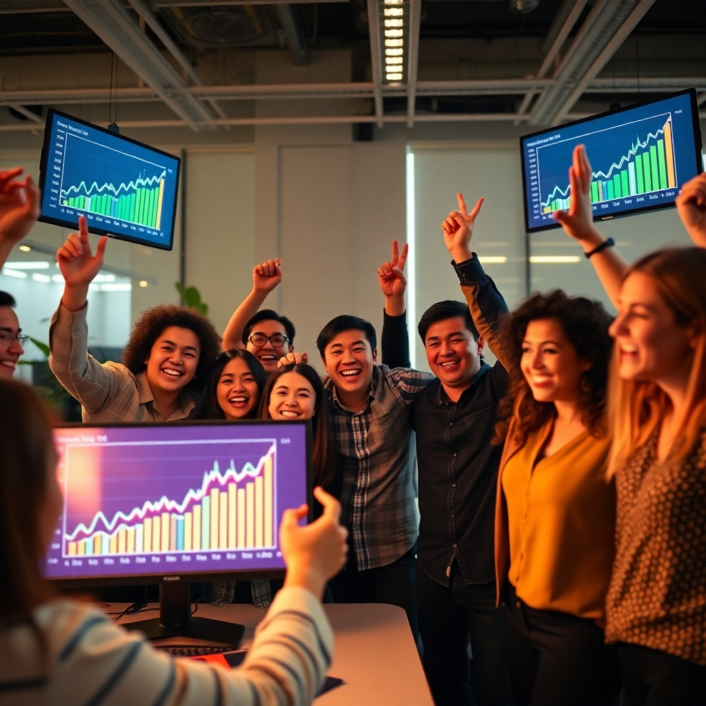 An inspiring image showing graphs of rising performance metrics on screens, surrounded by a happy team celebrating in an office. The lighting is energetic, reflecting a culture of achievement. The colors are bright and celebratory, such as gold and green. The camera angle captures the joy and accomplishment within the team.