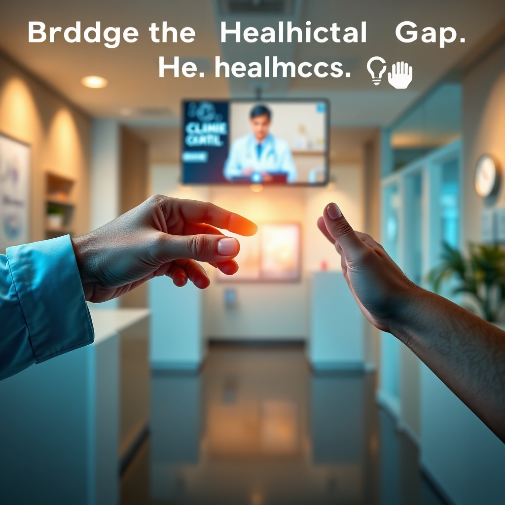 A 4K photorealistic image showcasing the mission of GHC Medical: 'Bridging the Healthcare Gap'. Depict two hands reaching out towards each other across a symbolic gap, one hand representing a patient in need and the other representing GHC Medical's care. In the background, subtly display elements of telemedicine (a doctor on a screen) and in-person care (a welcoming clinic). The color palette should be warm and inviting, with a focus on blues and greens to evoke trust and health. Soft lighting will add a touch of compassion. The camera angle should be a medium shot, focusing on the connection between the two hands. Textures should be realistic. Style reference: Modern healthcare visuals, emphasizing human connection and innovation. Environment: Blended environment, suggesting both physical and virtual care. Props: Hands, subtle healthcare elements in the background.