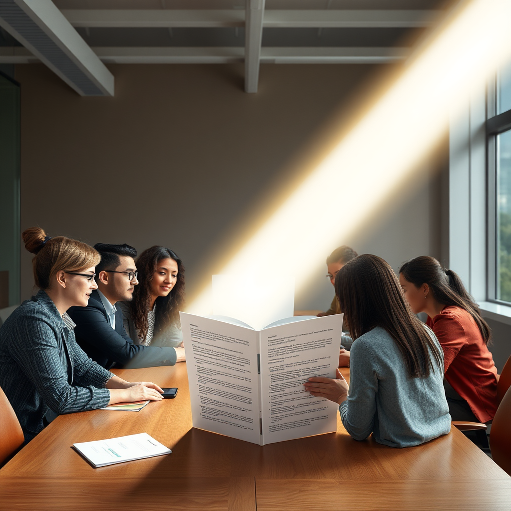 A beam of light emanating from a research report, illuminating a diverse group of professionals collaborating around a table. The beam of light represents the power of knowledge to inspire and empower change. The overall impression is one of collaboration, learning, and knowledge sharing. Style reference: stock photography. Technical specs: 4K resolution, photorealistic rendering.