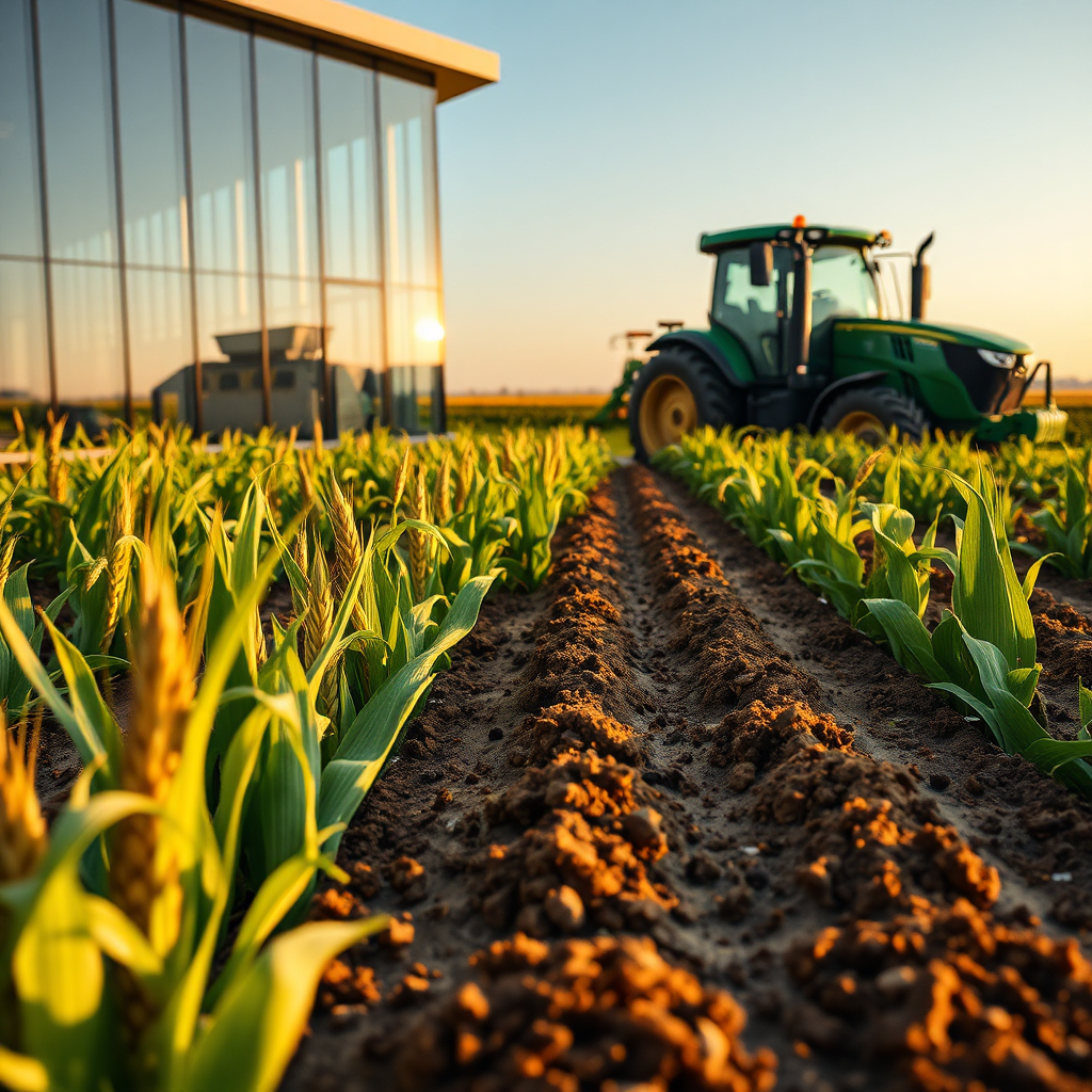 A breathtaking, photorealistic 8K resolution image of a modern agricultural research facility seamlessly integrated into a vibrant, thriving farm landscape. The facility, built with sleek glass and steel, should be partially visible, showcasing advanced laboratory equipment through the windows. In the foreground, diverse crops (corn, wheat, soybeans) grow in meticulously organized rows, exhibiting exceptional health and vitality. Soil samples are displayed with care. The scene is bathed in the warm, golden light of either sunrise or sunset, casting long shadows and highlighting the textures of the soil and crops. The camera angle is a wide, slightly low shot to emphasize the scale and importance of the agricultural center. Include a state-of-the-art tractor in the background, symbolizing technological advancement. The overall color palette should be rich and natural, with greens, browns, golds, and blues dominating. Hyperrealistic details, such as water droplets on leaves and individual soil particles, are crucial. Style reference: Modern agricultural photography with a touch of scientific sophistication.