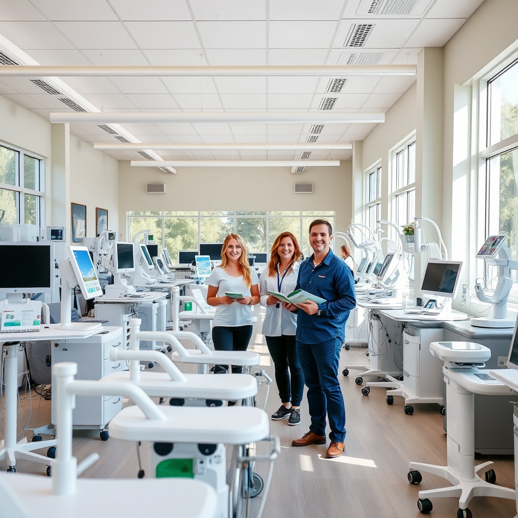 A bright and inviting showroom filled with various medical devices. The layout is organized, allowing easy exploration for customers. Natural light streams through large windows, creating an open atmosphere. The color palette is fresh with whites and greens. Props include informational signage and brochures to assist in the selection process, while smiling staff members engage with clients.