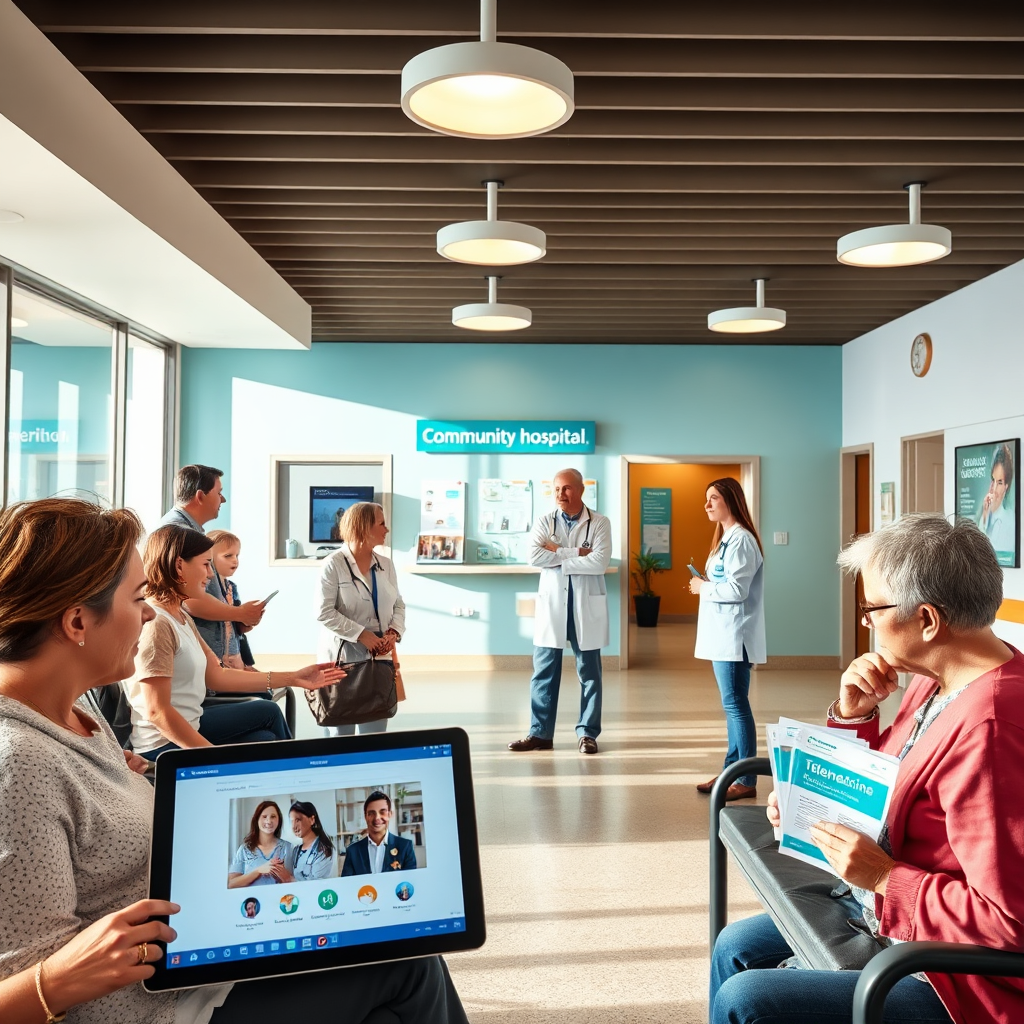 A bright, stylized image showing a community hospital’s waiting area where patients and families interact with healthcare professionals. The setting should be lively, with engaging colors and clear signage promoting telemedicine services. The lighting is soft and welcoming, highlighting a sense of community. The camera angle should be eye-level to capture the interactions effectively, with textures that emphasize the warmth of the environment. Relevant props could include tablets showcasing telehealth appointments and informational flyers. Technical specs are 4K resolution, high quality.