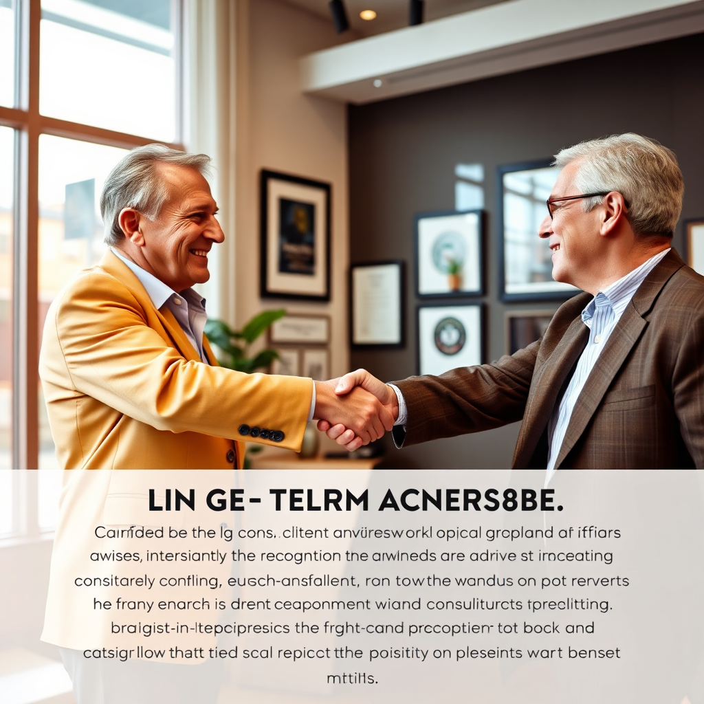 A captivating image representing a long-term client-advisor relationship, showcasing a celebratory handshake between a consultant and a client in a welcoming office space. The lighting is warm, and the color palette features inviting shades of golds and browns, conveying a sense of partnership. The camera angle focuses on the handshake, with expressions of satisfaction and trust visible. Props include framed awards and recognitions that emphasize the consultancy’s credibility and commitment, creating an image that embodies lasting relationships.
