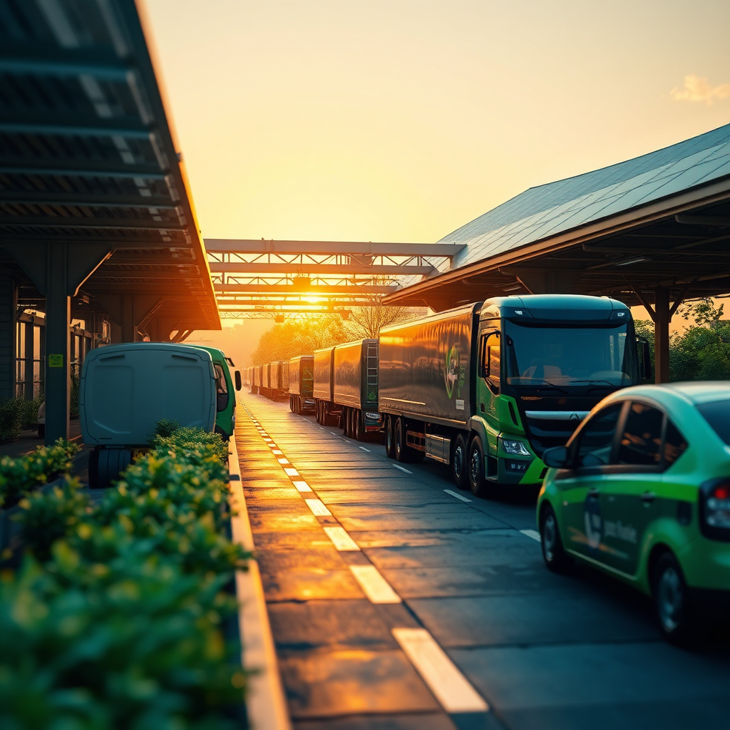 A captivating image that symbolically captures sustainability in logistics, incorporating visuals of electric vehicles alongside solar panels and greenery in a transport hub. The lighting is warm, reflecting a sense of rejuvenation and care for the planet, with bright greens and blues highlighted in the palette. The perspective shows a holistic view of sustainable practices in action, creating a hopeful outlook for future logistics, designed in high quality 4K.
