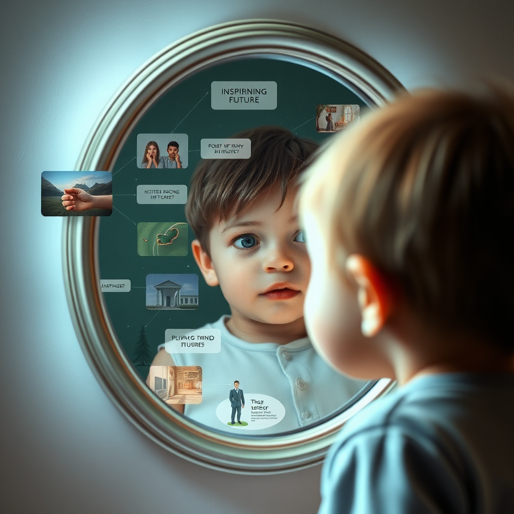 A child looking in a mirror, but instead of their reflection, they see various career paths and inspiring scenes representing their potential futures. The lighting is soft and ethereal, creating a sense of wonder and possibility. The style is slightly surreal, with dreamlike elements and vibrant colors. 4K resolution, high quality.