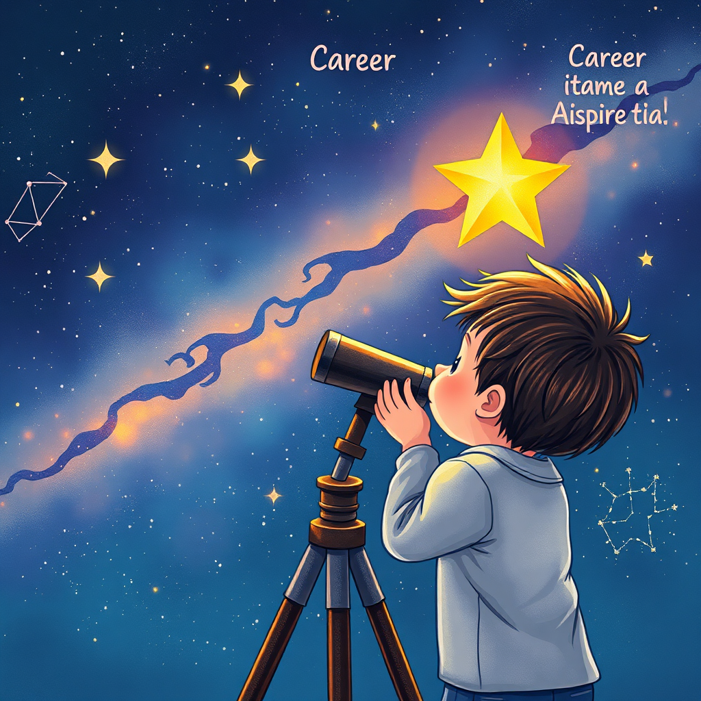 A child looking through a telescope towards a distant star representing their career aspiration. The background is filled with constellations and nebulae, creating a sense of wonder and possibility. The style is whimsical and imaginative. 4K resolution, high quality.