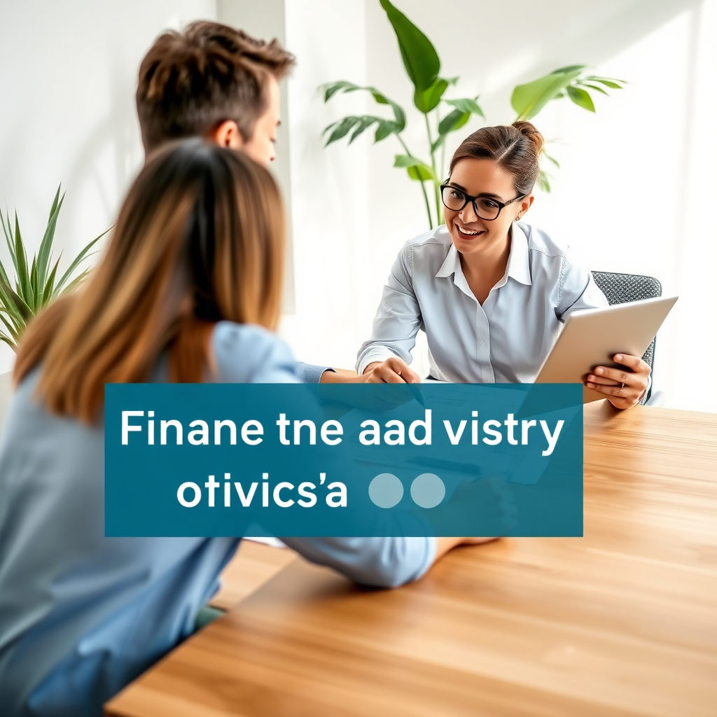 A clean and modern visual representation of a financial advisory meeting. The focus is on a professional advisor conducting a one-on-one session with a client over financial documents spread on the table. Bright and inviting lighting enhances the atmosphere, while a palette of blues and whites conveys trust. The green plants in the background add life to the scene. The image captures the exchange of ideas, emphasizing collaboration and personalized attention, providing an inviting sense of professionalism.