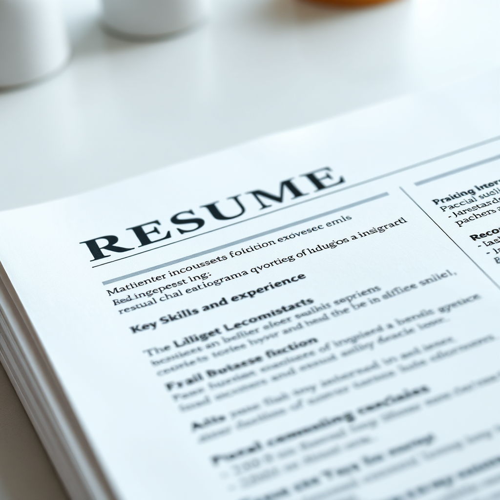 A close-up, photorealistic image of a well-crafted resume with highlighted sections showcasing key skills and experience. The resume is presented on a clean, modern background with subtle lighting. The image should convey attention to detail, professionalism, and clarity. The focus is on the resume itself, with blurred elements in the background to emphasize its importance. The color palette is clean and professional, using muted tones and subtle highlights. The overall impression is one of precision, expertise, and effective communication.