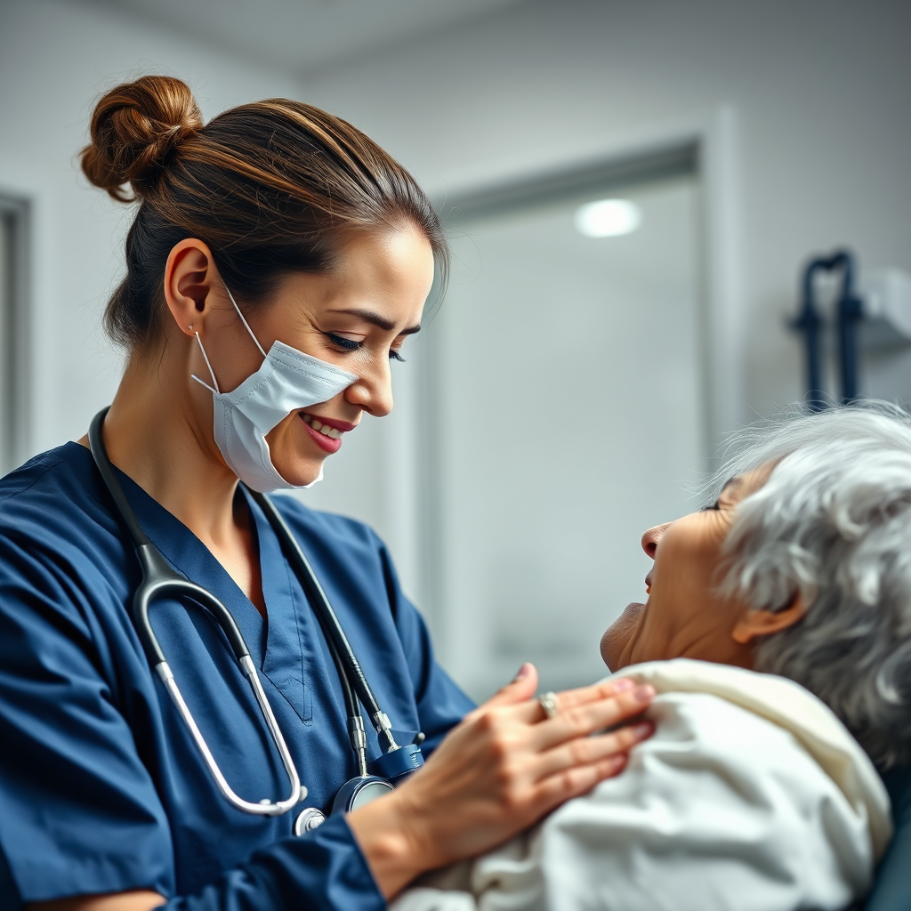 A close-up photorealistic image of a compassionate healthcare worker attending to a patient in a lively clinic environment. The lighting is bright and welcoming, with colors showcasing professionalism, like navy and white. The focus lies on the interaction, capturing details of the caregiver's expression and the patient's comfort. The background includes medical tools that symbolize professionalism. Technical specs: 4K resolution, high quality.