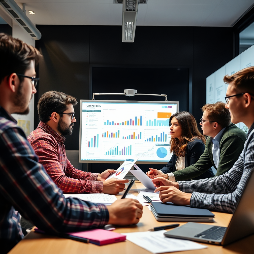 A collaborative scene of market researchers in a well-equipped office analyzing data. The lighting is bright and focused, with charts and graphs displayed strategically throughout the setup. The palette of vibrant colors is used to highlight key metrics and trends, suggesting an energetic work environment. The camera captures the interaction among team members, emphasizing communication and analytical thinking. Textures such as paper notes and a digital whiteboard invite engagement and exploration.