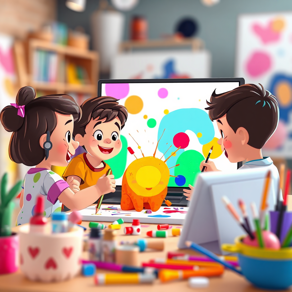 A colorful and imaginative scene depicting children collaborating on a digital art project during an online session. The scene should be filled with vibrant colors, abstract shapes, and playful elements. Focus on capturing the children's excitement and creative energy. The background can be a blurred, abstract representation of an artist's studio. Render in a 4K resolution with high quality and a stylized cartoonish feel.