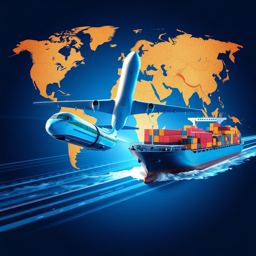 A comprehensive visual representation of air, land, and sea transportation modes, featuring an airplane, a train, and a cargo ship. The composition is dynamic, with each mode taking a prominent spot against a backdrop of a world map. The lighting is bright and engaging, focusing on each transport mode in action. The color palette involves blues for air and sea, and earthy tones for land transport, creating a cohesive theme. The image should be stylized, capturing movement with a sense of speed and connectivity.