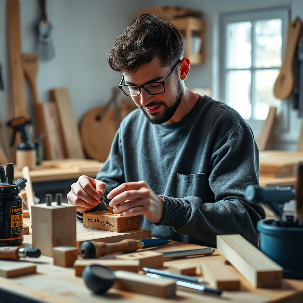 A cozy scene showcasing a beginner working on a simple woodworking project, surrounded by tools and wood pieces. The lighting highlights the passion and focus on their face, while the setup reflects a nurturing home environment. The color palette includes soft blues and natural wood tones, emphasizing comfort and creativity, with high-quality detail.