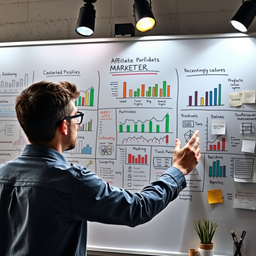A creative image depicting a marketer brainstorming on a whiteboard filled with charts and investment products. The composition is dynamic with bright spotlights highlighting different sections. Colors vary, creating an engaging atmosphere. This image brings to life the process of selecting the right products in affiliate marketing.