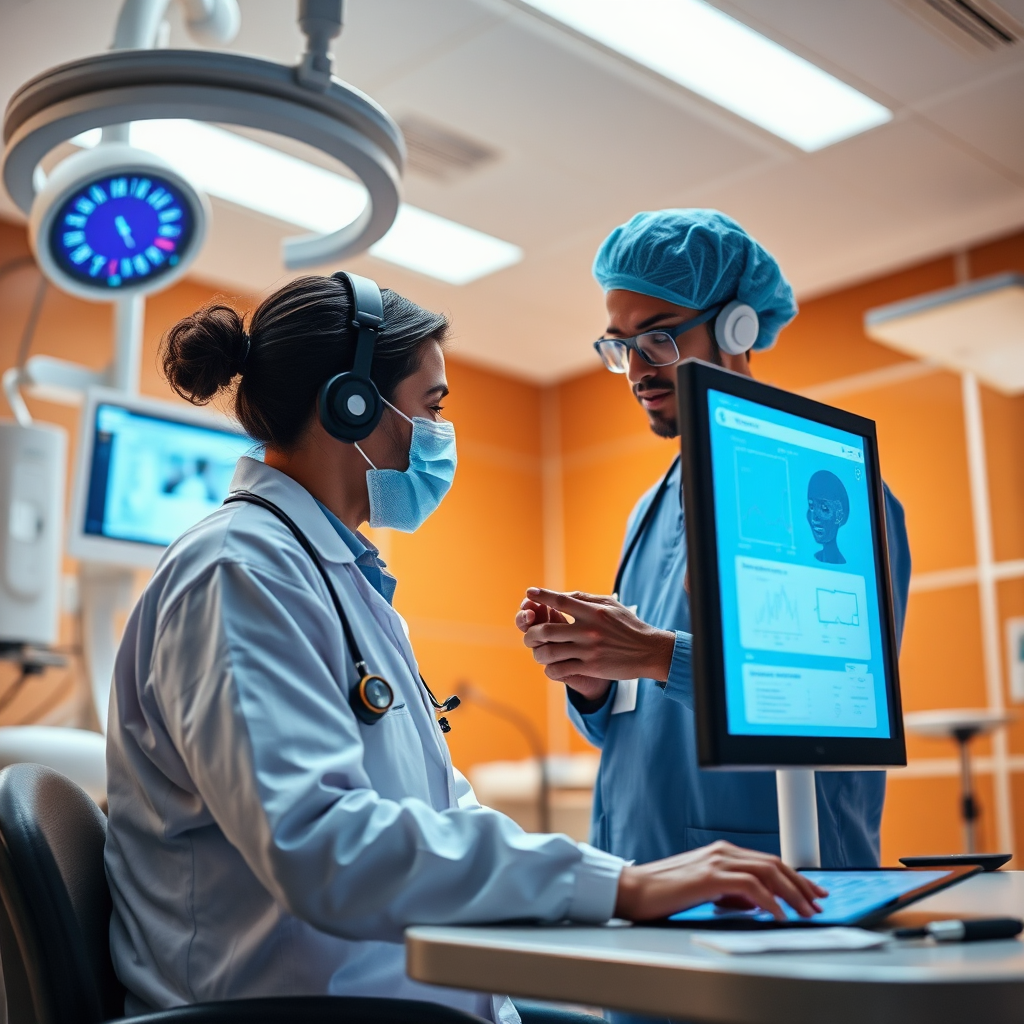 A creative visual depicting healthcare technology in action, featuring a healthcare worker utilizing digital health tools to assist a patient. The scene is brightly lit with modern fixtures and a sleek color palette emphasizing tech innovation. The texture details include advanced medical devices and diagrams on screens. The camera captures an engaging moment, showcasing technology's role in healthcare. Technical specs: 4K resolution, high quality.