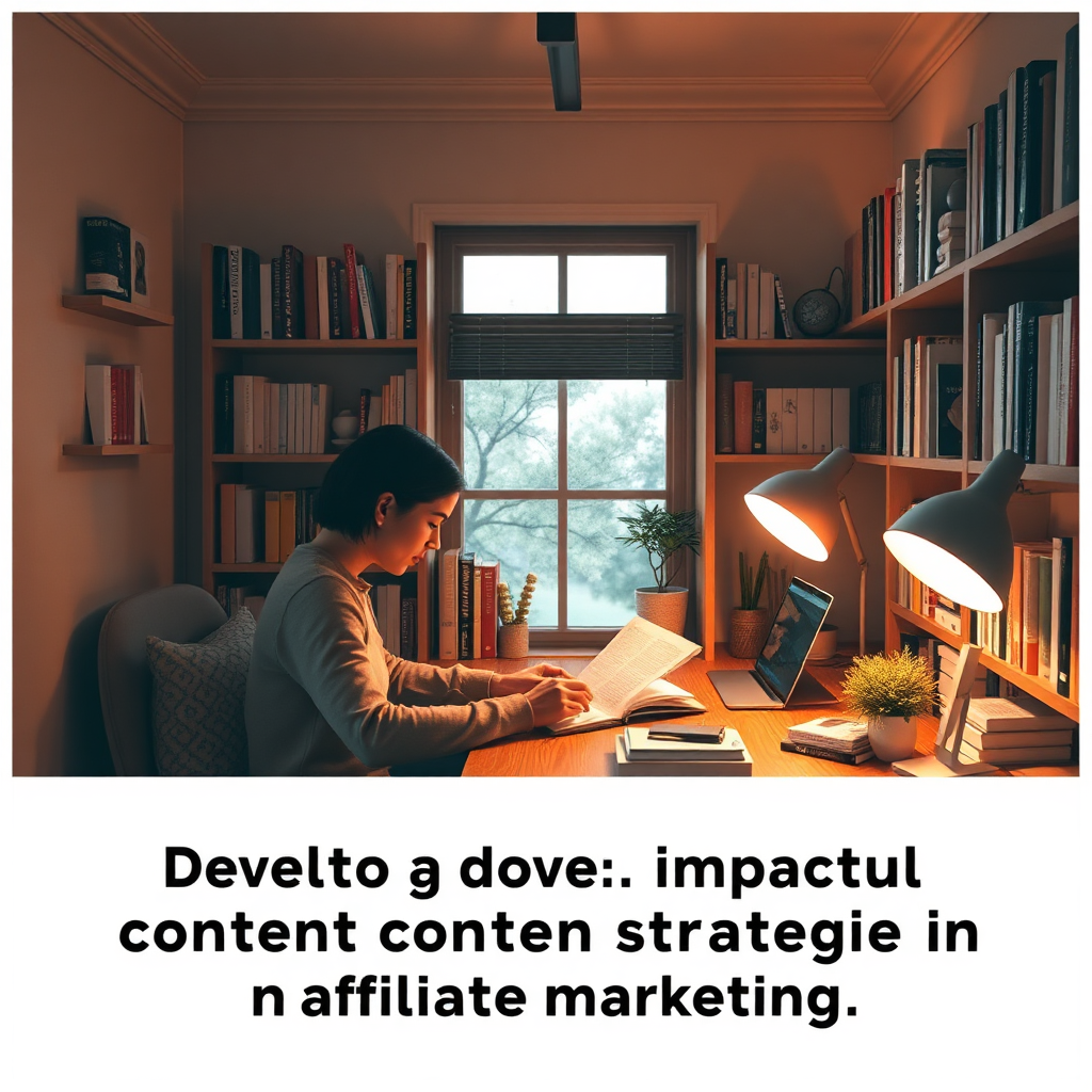 A creative visual of a content creator drafting engaging articles in a cozy nook filled with books and digital devices. The warm, inviting lighting and soft color tones of the environment evoke a sense of focus and creativity. The textures of books and modern decor enhance the atmosphere. This image embodies the essence of developing impactful content strategies in affiliate marketing.