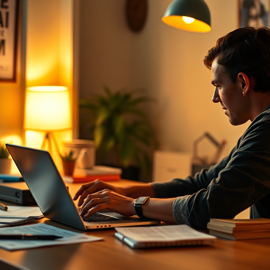 A creative workspace featuring a content creator focused on producing engaging affiliate marketing articles on a laptop. The warm ambient lighting and soft colors create an inviting environment. Textures of papers and digital devices add realism. This image conveys focus and creativity, embodying the content creation part of affiliate marketing.