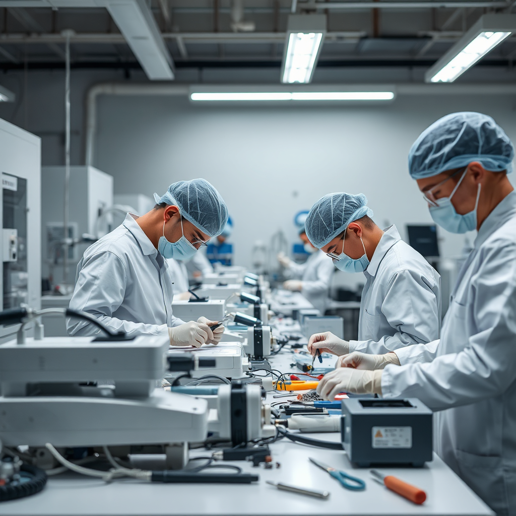 A detailed image showcasing technicians working meticulously in a workshop refurbishing medical devices. The environment is clean and well-organized, with the bright lighting enhancing the focus. The color scheme includes whites, blues, and grays, reflecting a sterile setting. Equipment on the workbenches shows signs of refurbishment, with tools and parts neatly arranged.