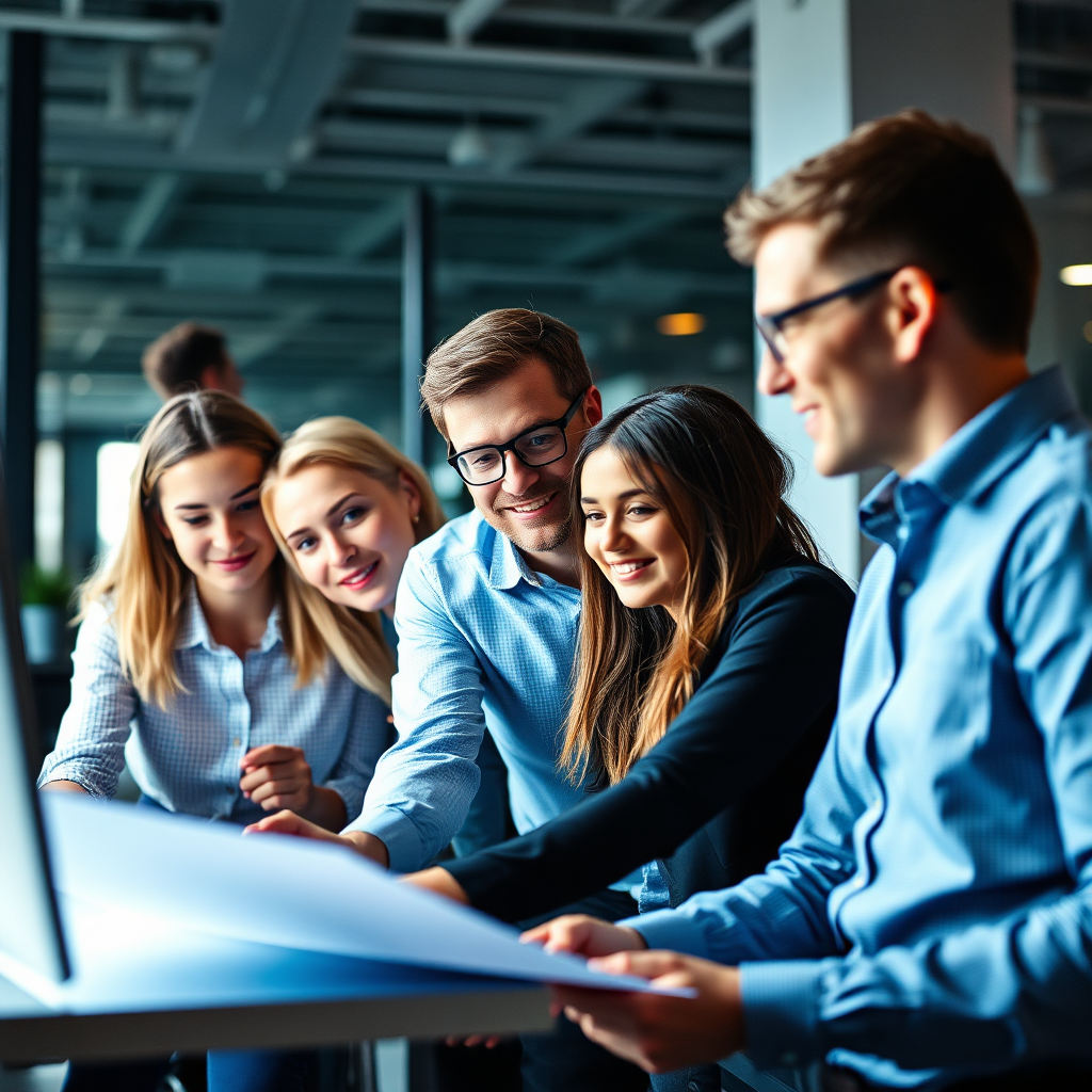 A diverse team of professionals working collaboratively on a project. The setting is a modern office environment. The image conveys flexibility, adaptability, and teamwork. The lighting is dynamic, reflecting the fast-paced nature of contract work.